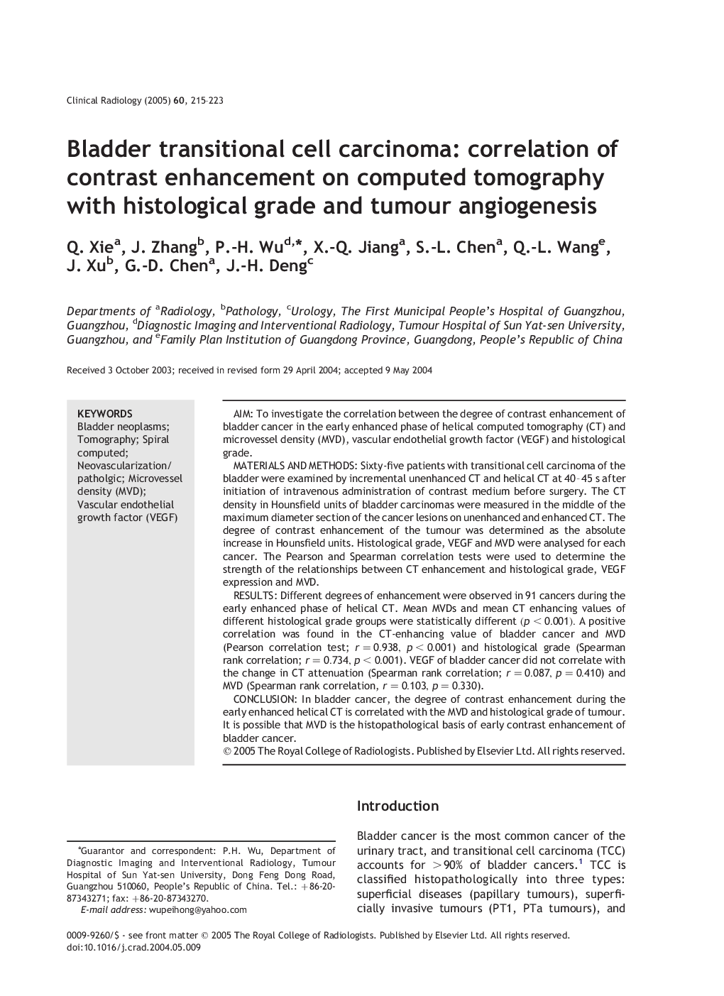 Bladder transitional cell carcinoma: correlation of contrast enhancement on computed tomography with histological grade and tumour angiogenesis