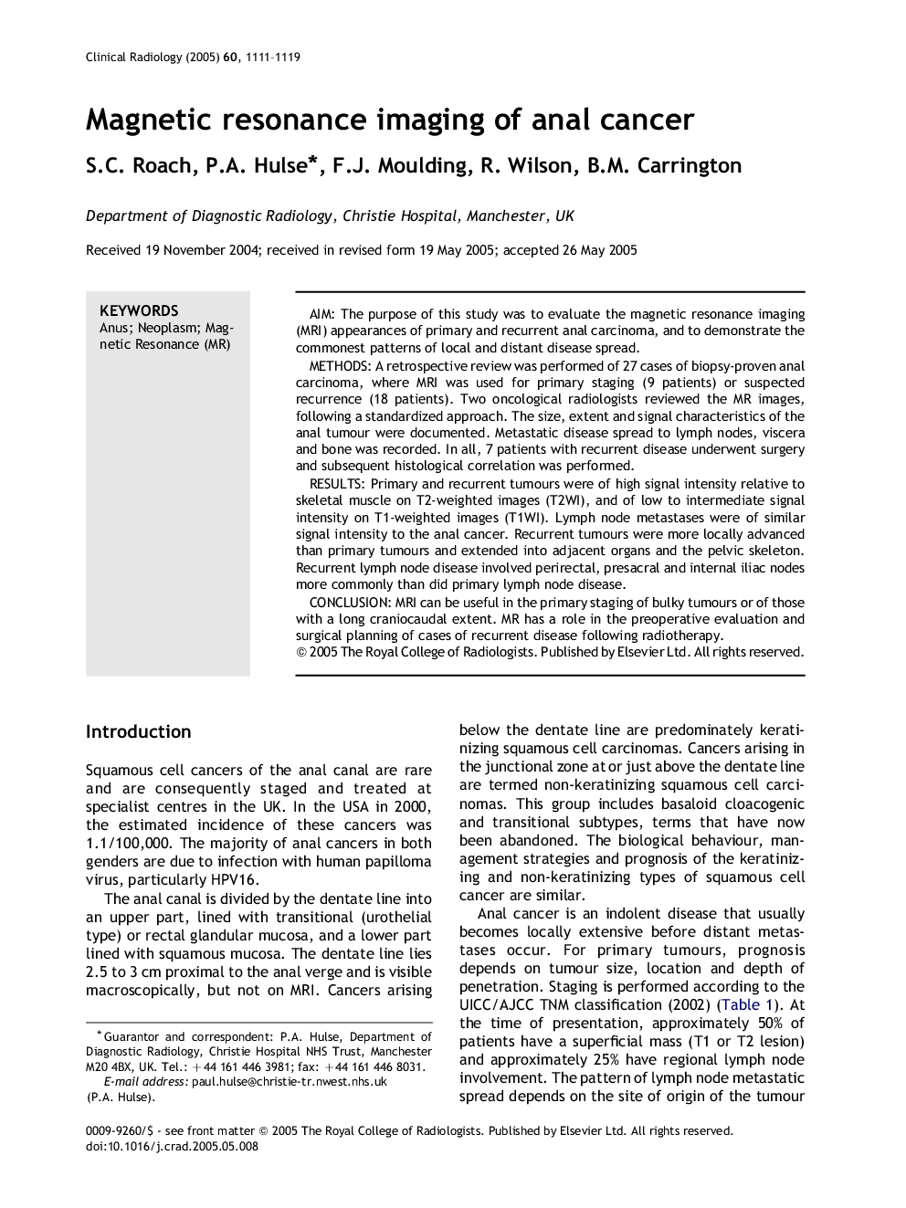 Magnetic resonance imaging of anal cancer