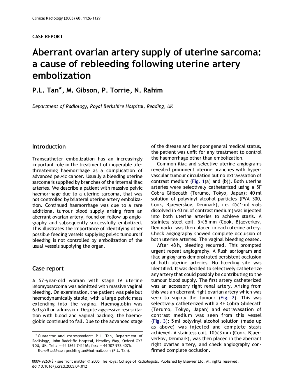 Aberrant ovarian artery supply of uterine sarcoma: a cause of rebleeding following uterine artery embolization