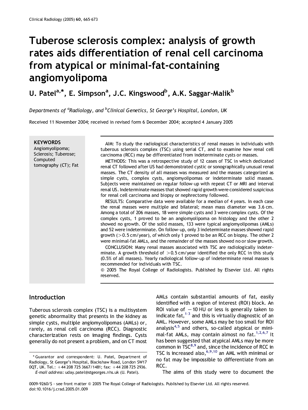 Tuberose sclerosis complex: analysis of growth rates aids differentiation of renal cell carcinoma from atypical or minimal-fat-containing angiomyolipoma