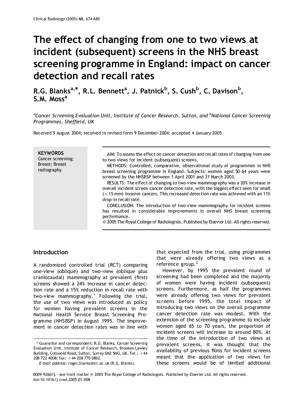 The effect of changing from one to two views at incident (subsequent) screens in the NHS breast screening programme in England: impact on cancer detection and recall rates