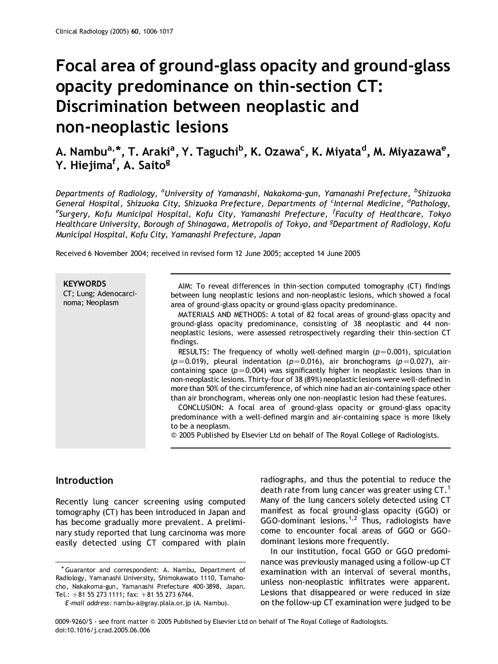 Focal area of ground-glass opacity and ground-glass opacity predominance on thin-section CT: Discrimination between neoplastic and non-neoplastic lesions