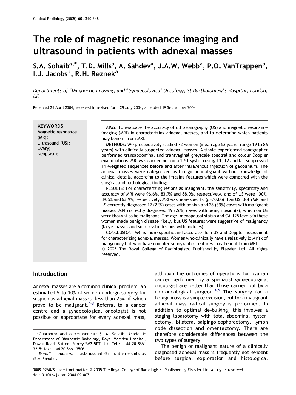 The role of magnetic resonance imaging and ultrasound in patients with adnexal masses