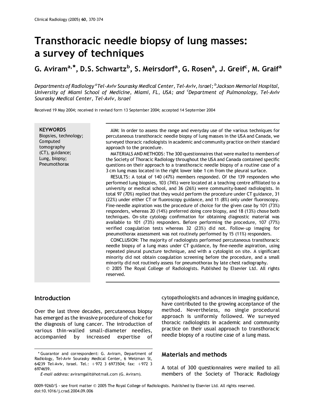 Transthoracic needle biopsy of lung masses: a survey of techniques