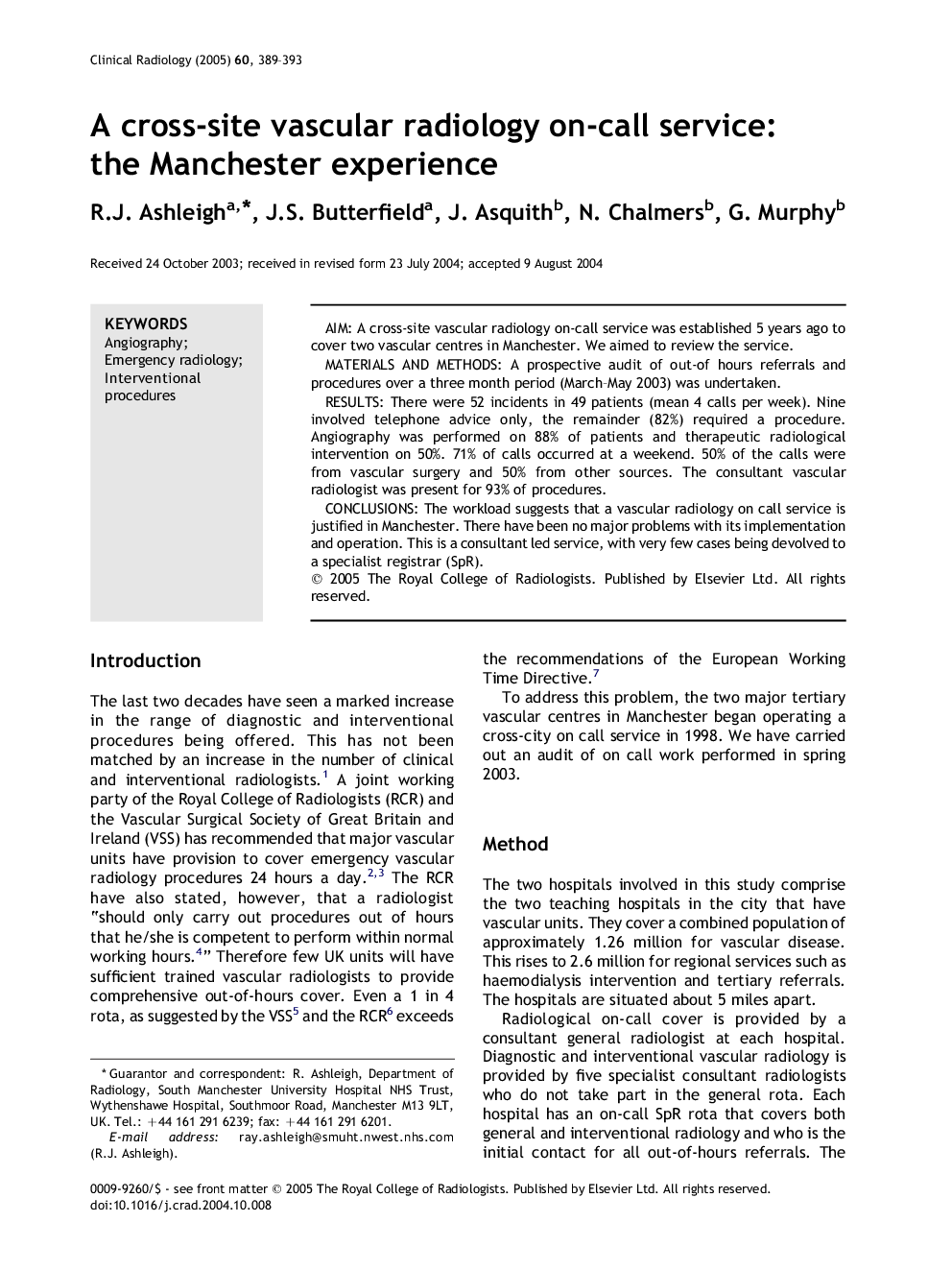 A cross-site vascular radiology on-call service: the Manchester experience