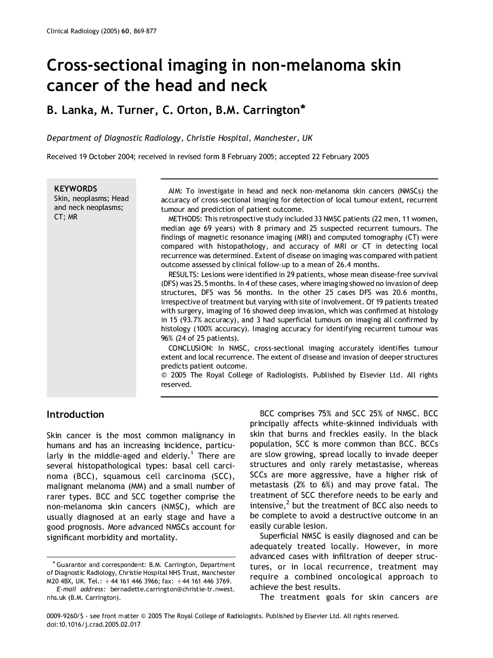 Cross-sectional imaging in non-melanoma skin cancer of the head and neck