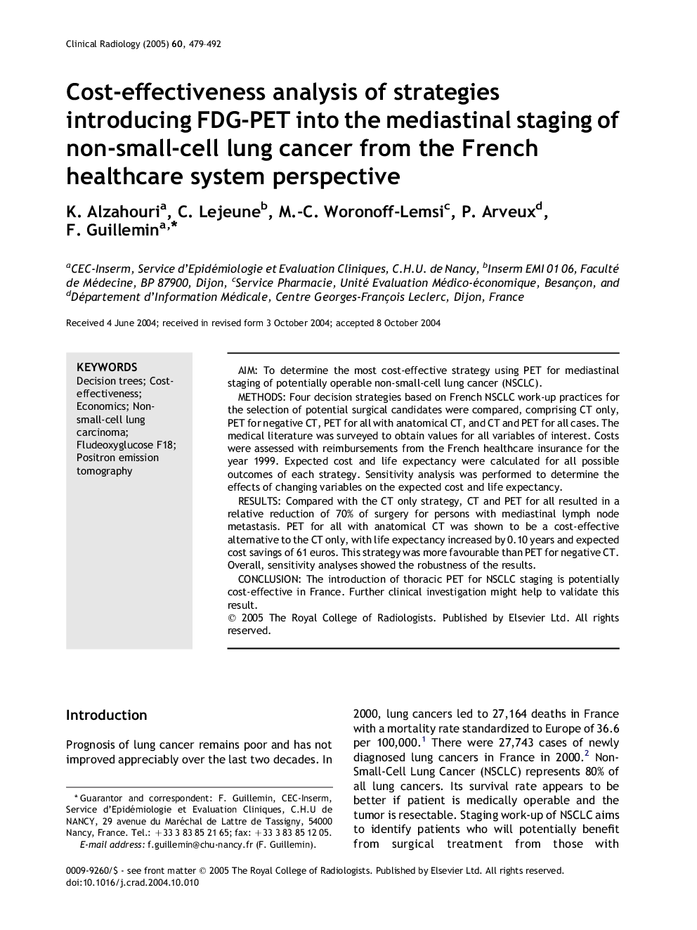 Cost-effectiveness analysis of strategies introducing FDG-PET into the mediastinal staging of non-small-cell lung cancer from the French healthcare system perspective