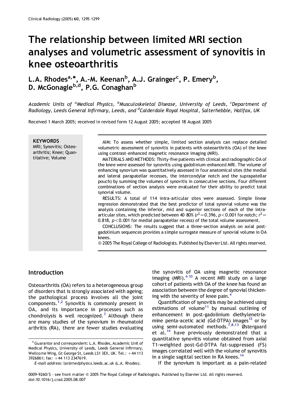 The relationship between limited MRI section analyses and volumetric assessment of synovitis in knee osteoarthritis