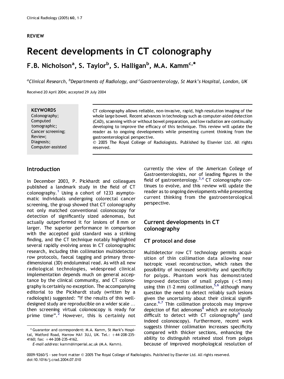 Recent developments in CT colonography