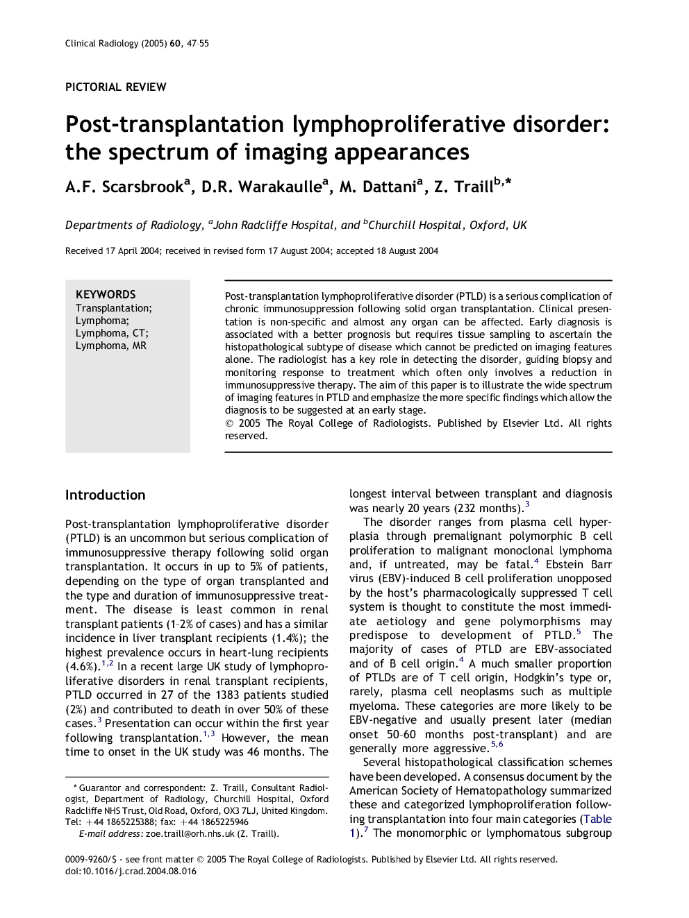 Post-transplantation lymphoproliferative disorder: the spectrum of imaging appearances
