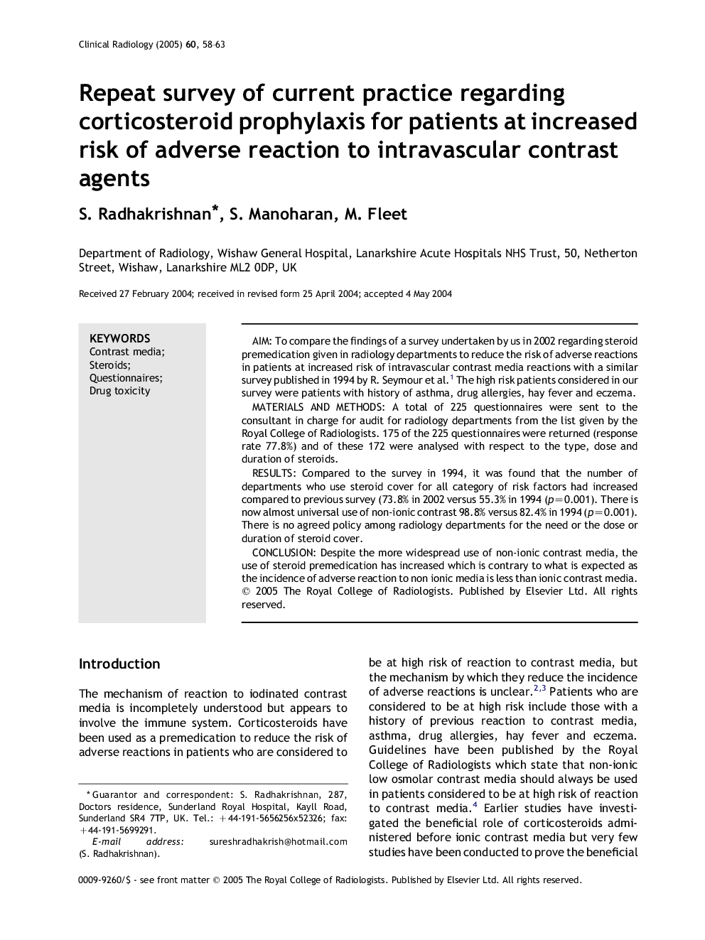 Repeat survey of current practice regarding corticosteroid prophylaxis for patients at increased risk of adverse reaction to intravascular contrast agents