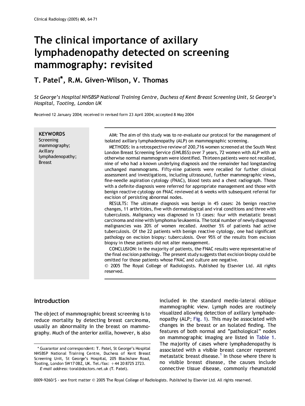 The clinical importance of axillary lymphadenopathy detected on screening mammography: revisited