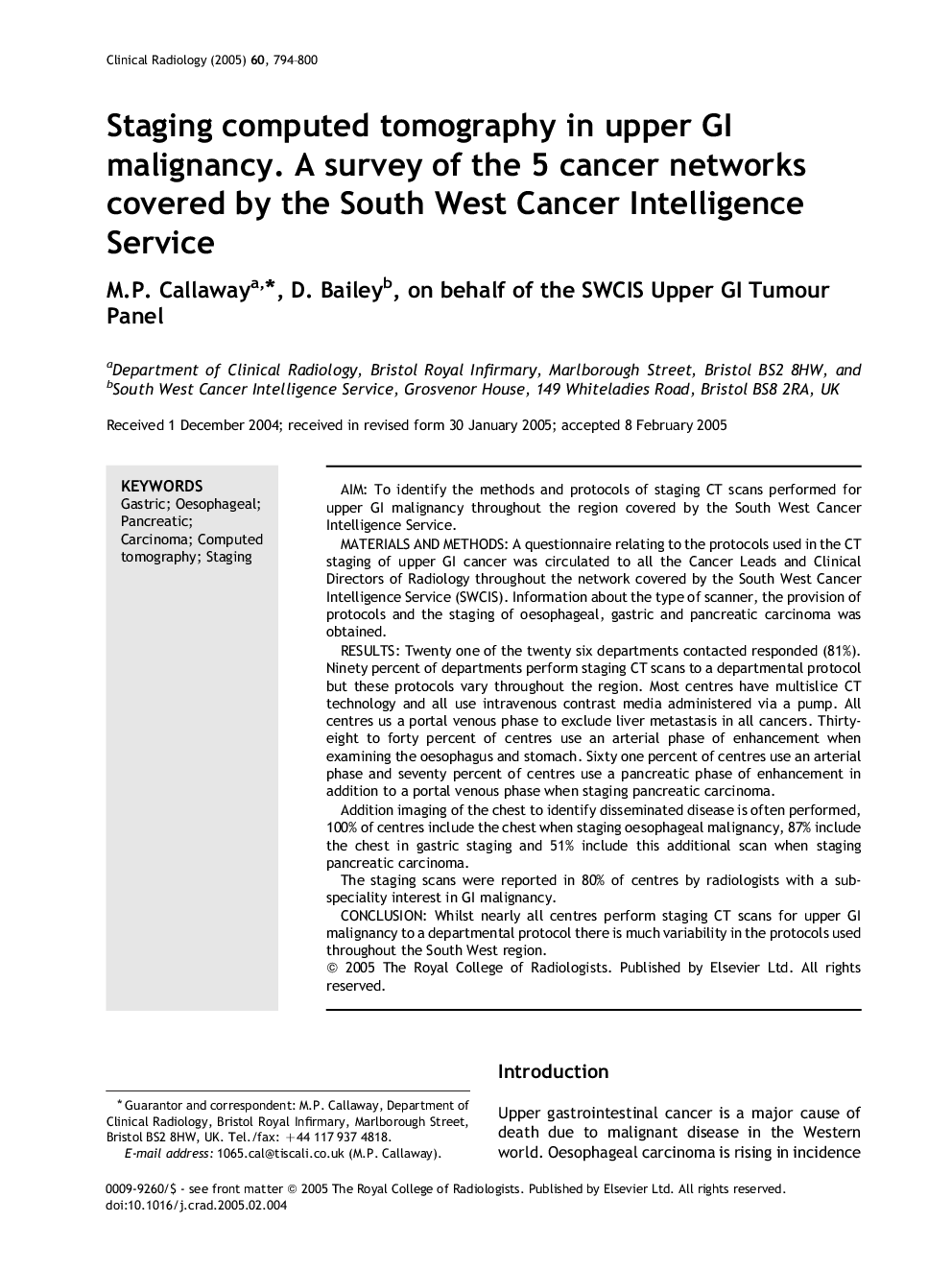 Staging computed tomography in upper GI malignancy. A survey of the 5 cancer networks covered by the South West Cancer Intelligence Service