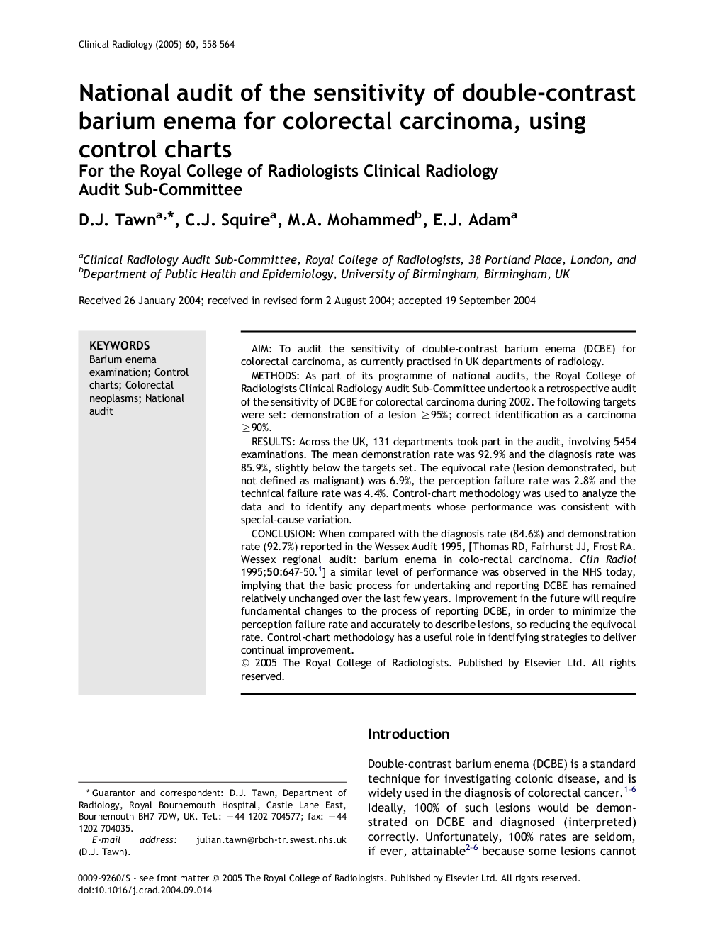 National audit of the sensitivity of double-contrast barium enema for colorectal carcinoma, using control charts