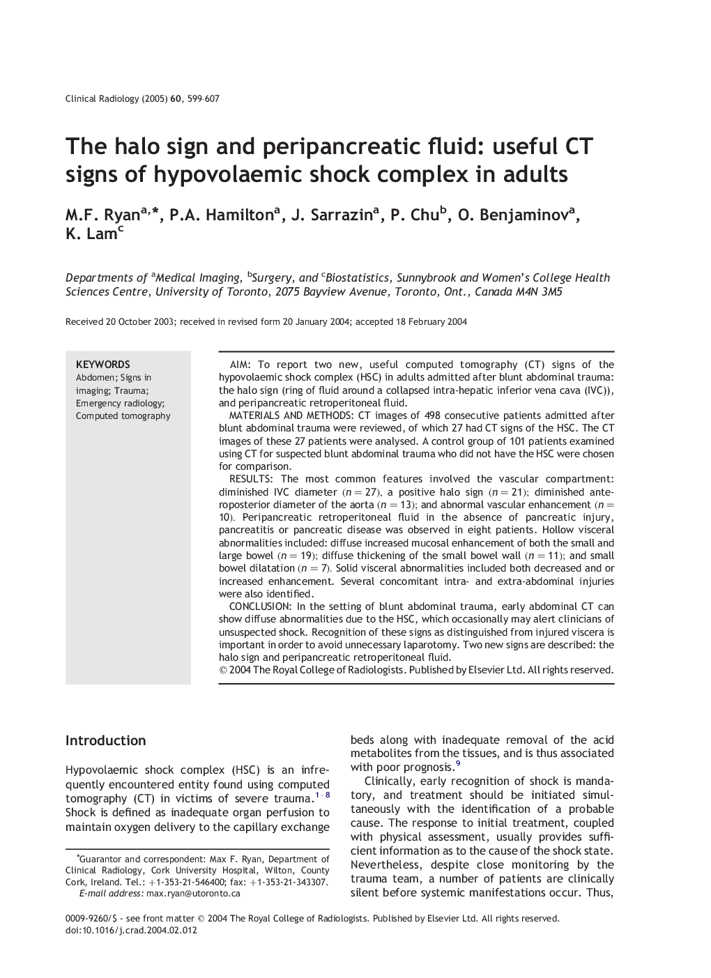 The halo sign and peripancreatic fluid: useful CT signs of hypovolaemic shock complex in adults