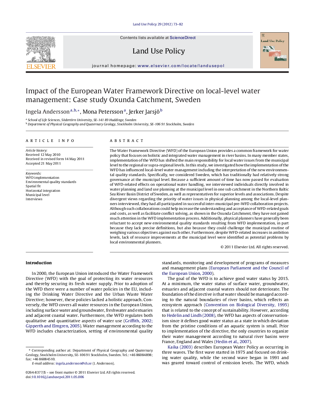 Impact of the European Water Framework Directive on local-level water management: Case study Oxunda Catchment, Sweden