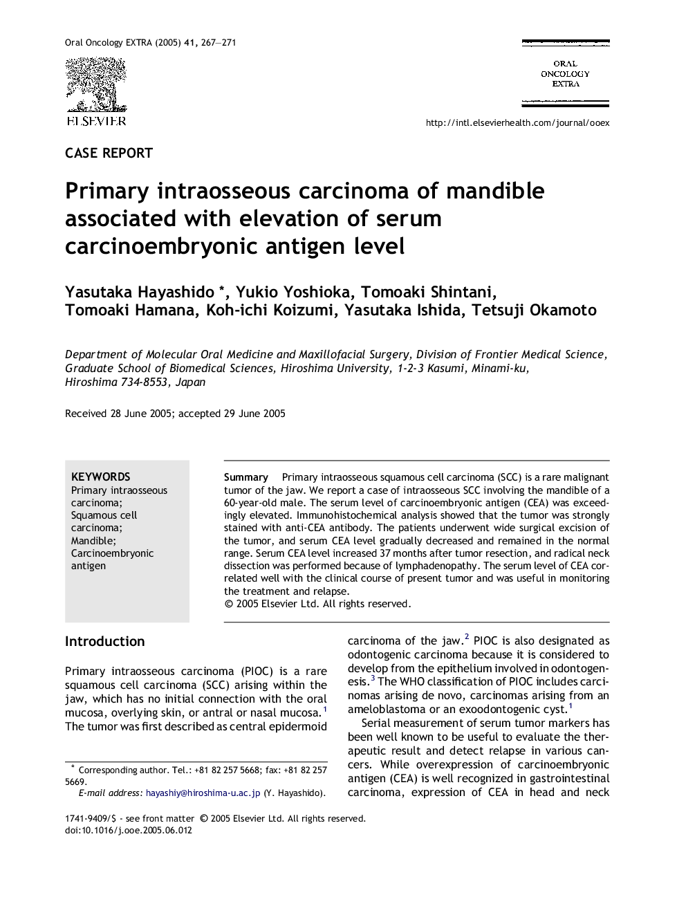 Primary intraosseous carcinoma of mandible associated with elevation of serum carcinoembryonic antigen level