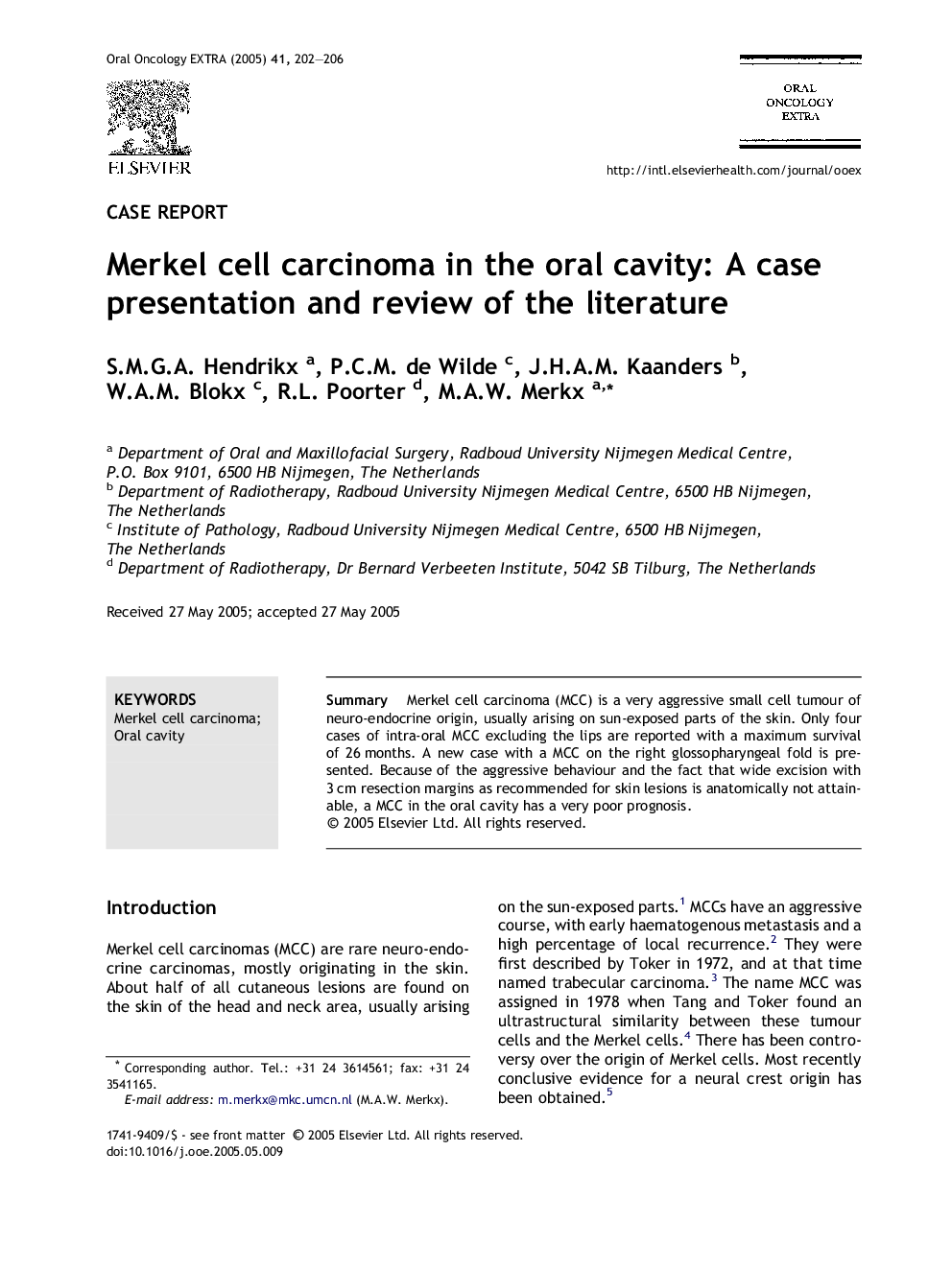 Merkel cell carcinoma in the oral cavity: A case presentation and review of the literature