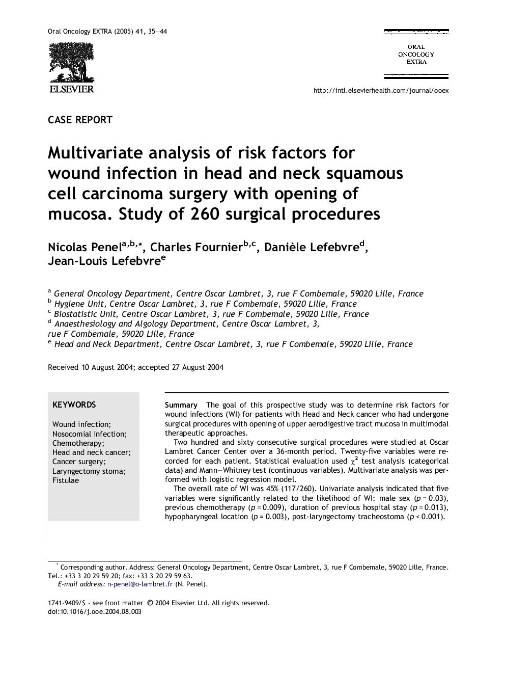 Multivariate analysis of risk factors for wound infection in head and neck squamous cell carcinoma surgery with opening of mucosa. Study of 260 surgical procedures