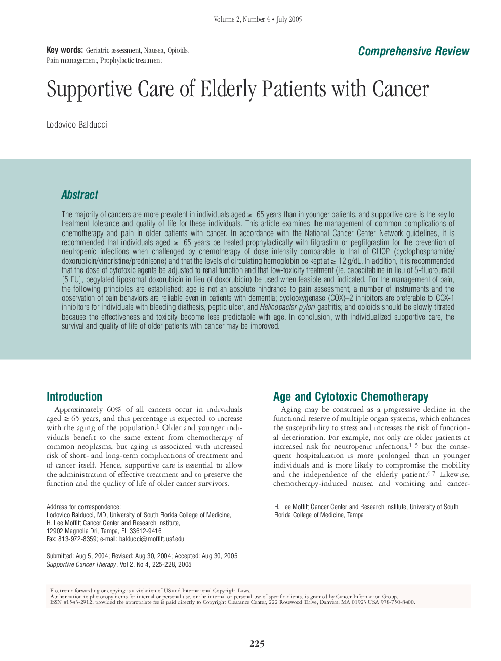 Supportive Care of Elderly Patients with Cancer