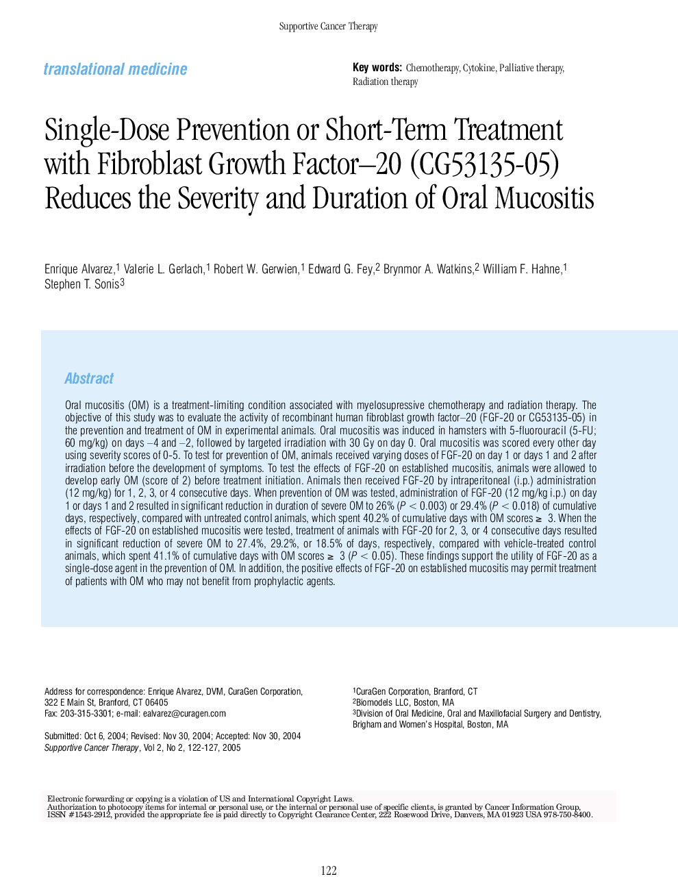 Single-Dose Prevention or Short-Term Treatment with Fibroblast Growth Factor-20 (CG53135-05) Reduces the Severity and Duration of Oral Mucositis