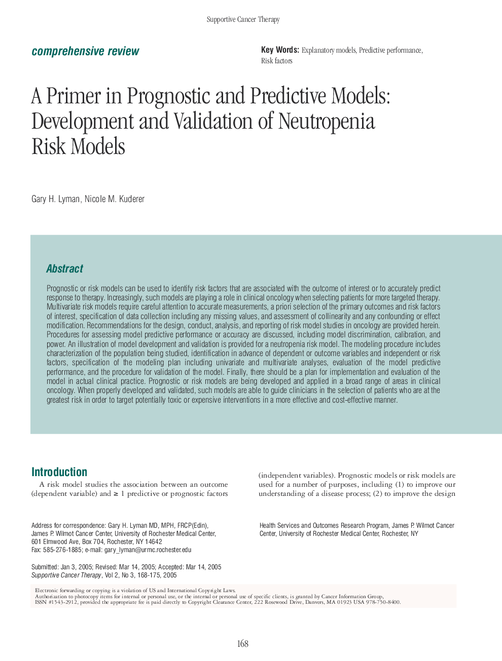 A Primer in Prognostic and Predictive Models: Development and Validation of Neutropenia Risk Models