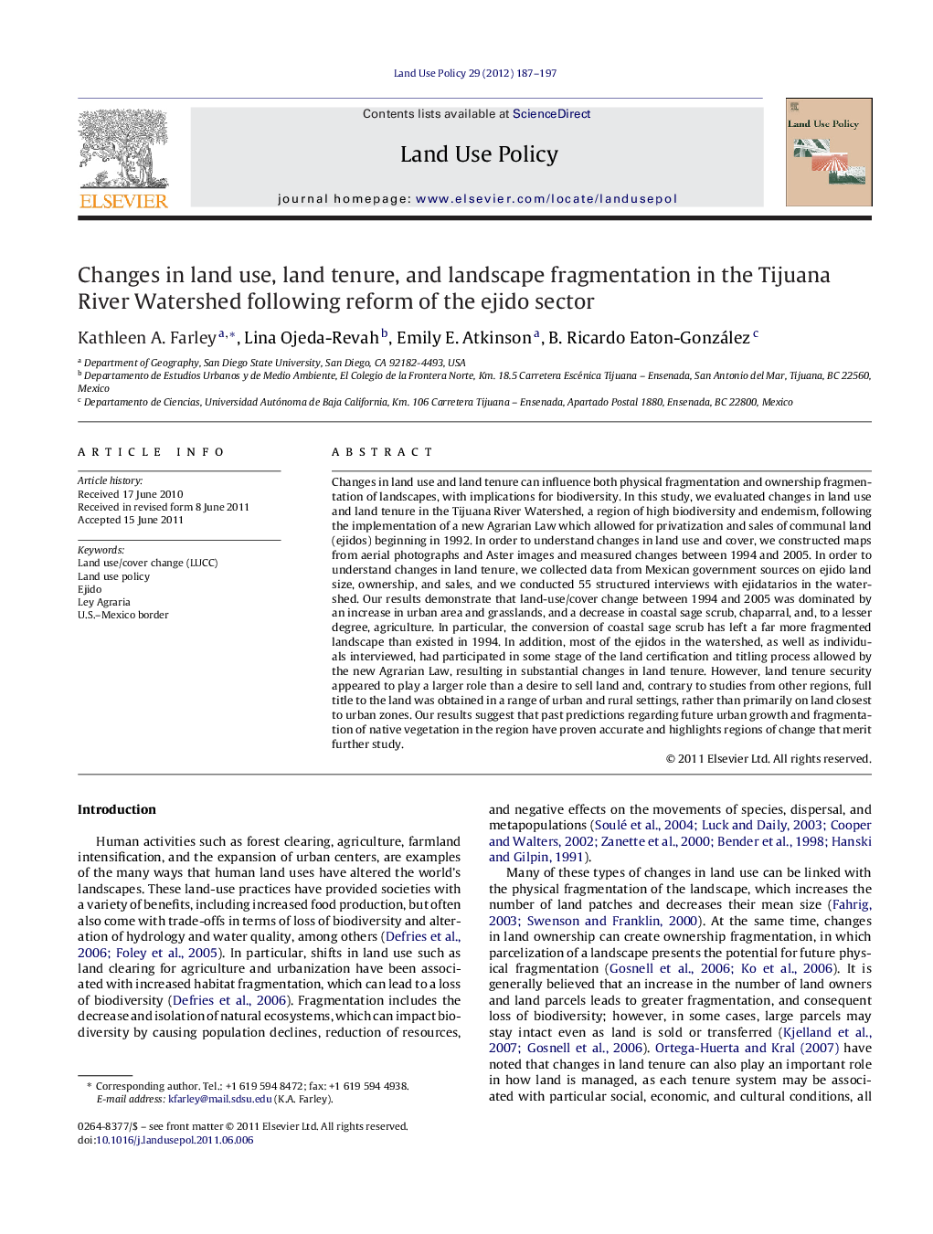 Changes in land use, land tenure, and landscape fragmentation in the Tijuana River Watershed following reform of the ejido sector