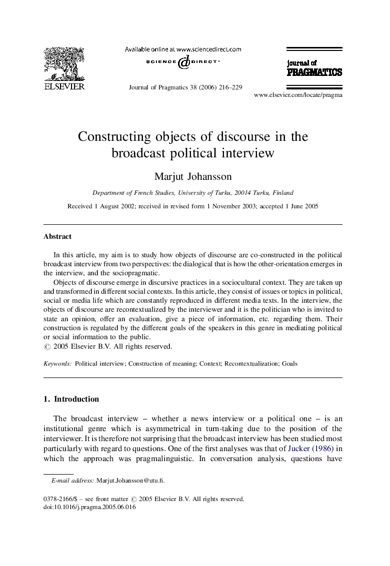 Constructing objects of discourse in the broadcast political interview