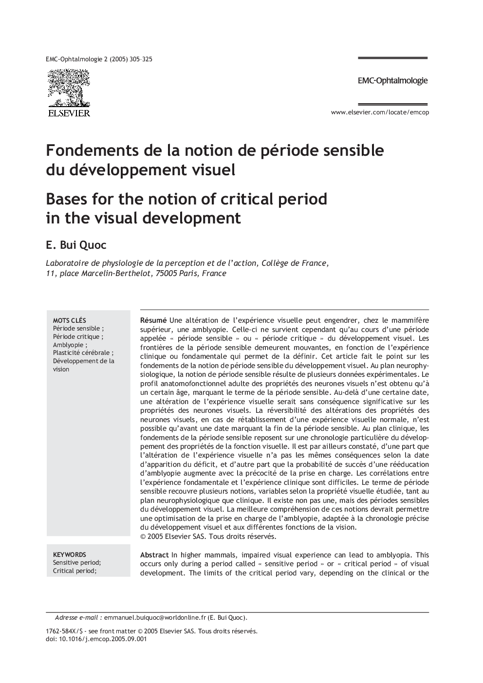 Fondements de la notion de période sensible du développement visuel