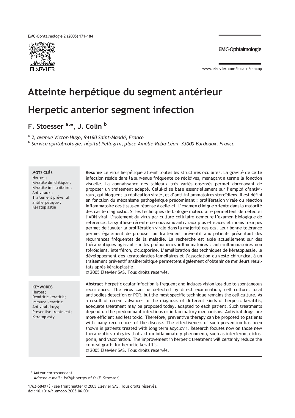 Atteinte herpétique du segment antérieur