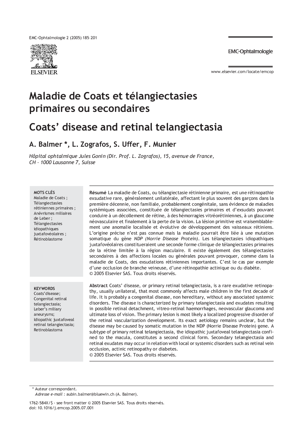 Maladie de Coats et télangiectasies primaires ou secondaires