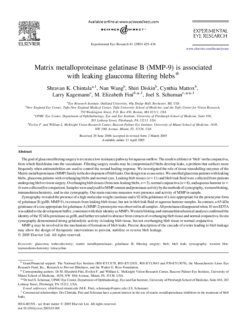 Matrix metalloproteinase gelatinase B (MMP-9) is associated with leaking glaucoma filtering blebs