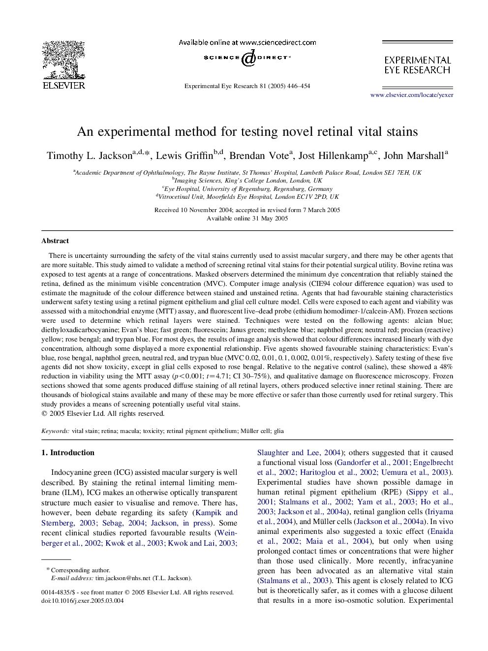 An experimental method for testing novel retinal vital stains