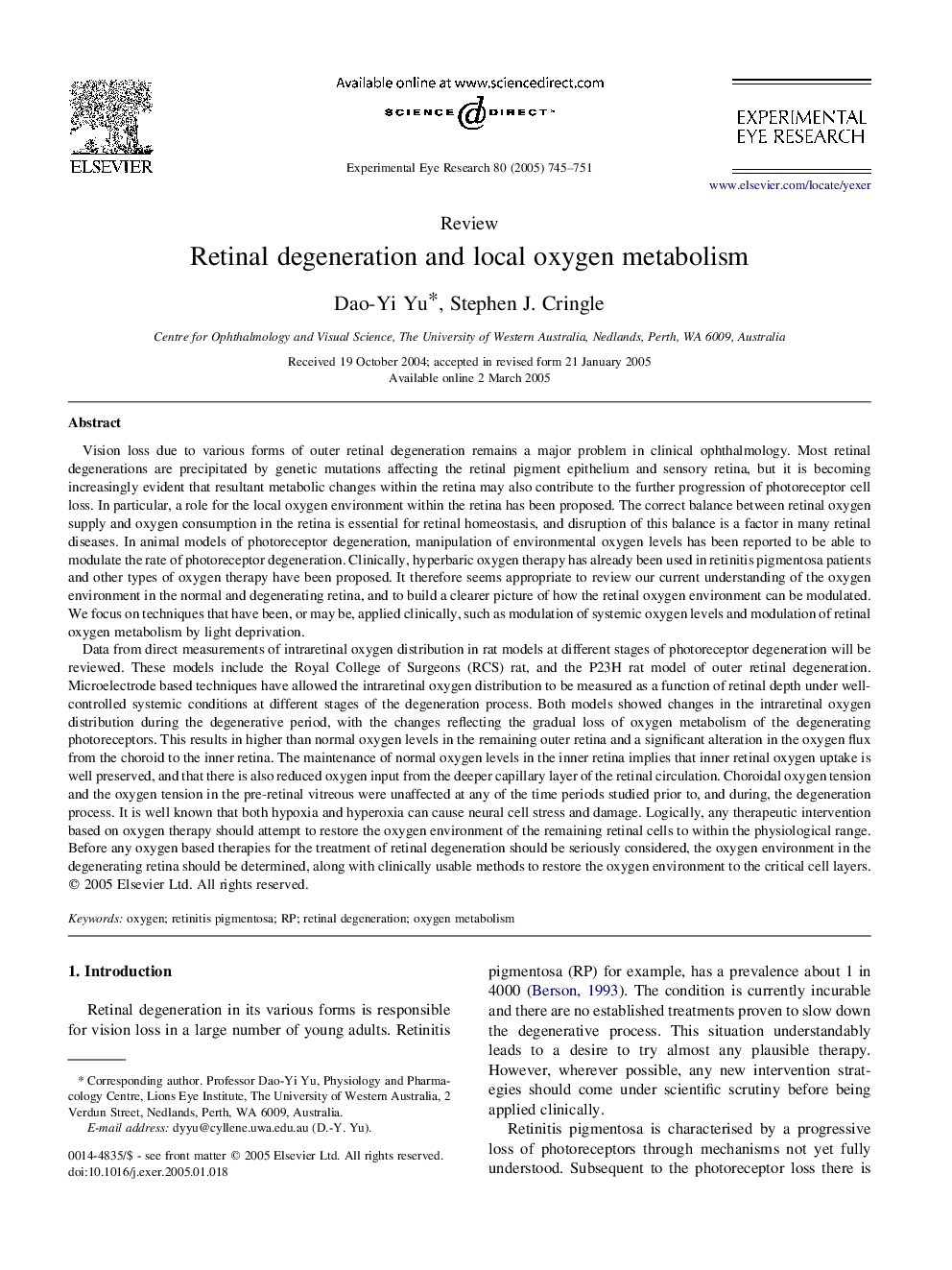 Retinal degeneration and local oxygen metabolism