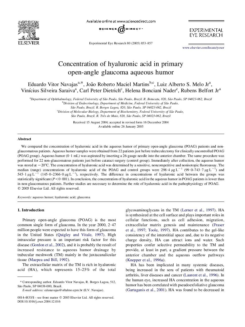 Concentration of hyaluronic acid in primary open-angle glaucoma aqueous humor