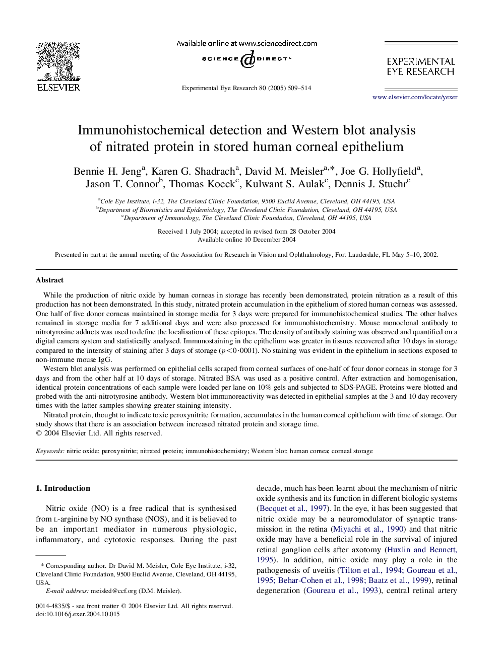 Immunohistochemical detection and Western blot analysis of nitrated protein in stored human corneal epithelium