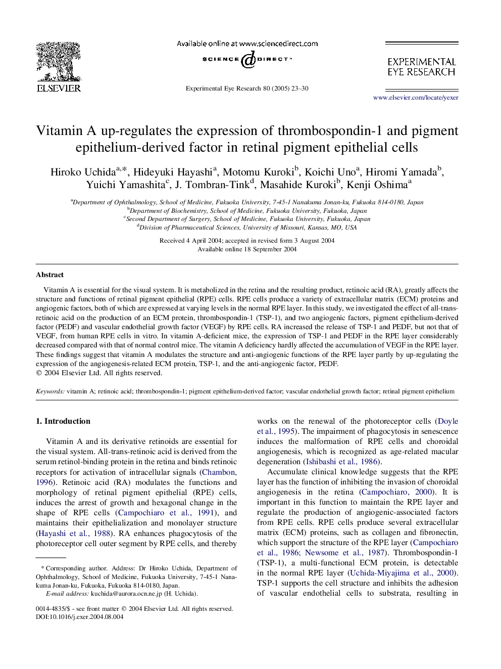 Vitamin A up-regulates the expression of thrombospondin-1 and pigment epithelium-derived factor in retinal pigment epithelial cells