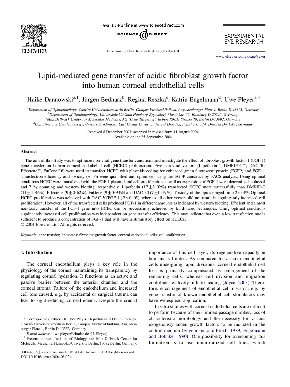 Lipid-mediated gene transfer of acidic fibroblast growth factor into human corneal endothelial cells