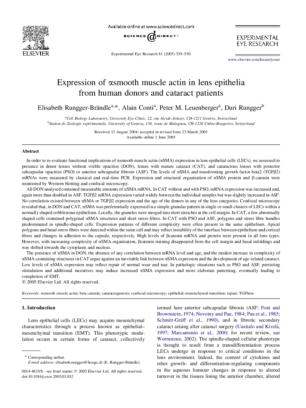 Expression of Î±smooth muscle actin in lens epithelia from human donors and cataract patients