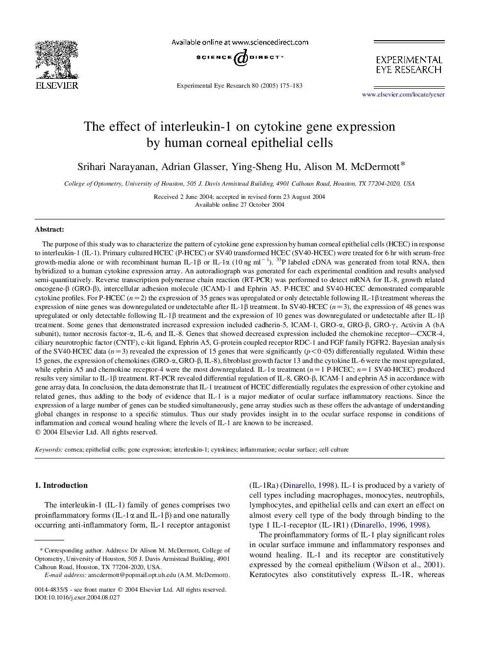 The effect of interleukin-1 on cytokine gene expression by human corneal epithelial cells