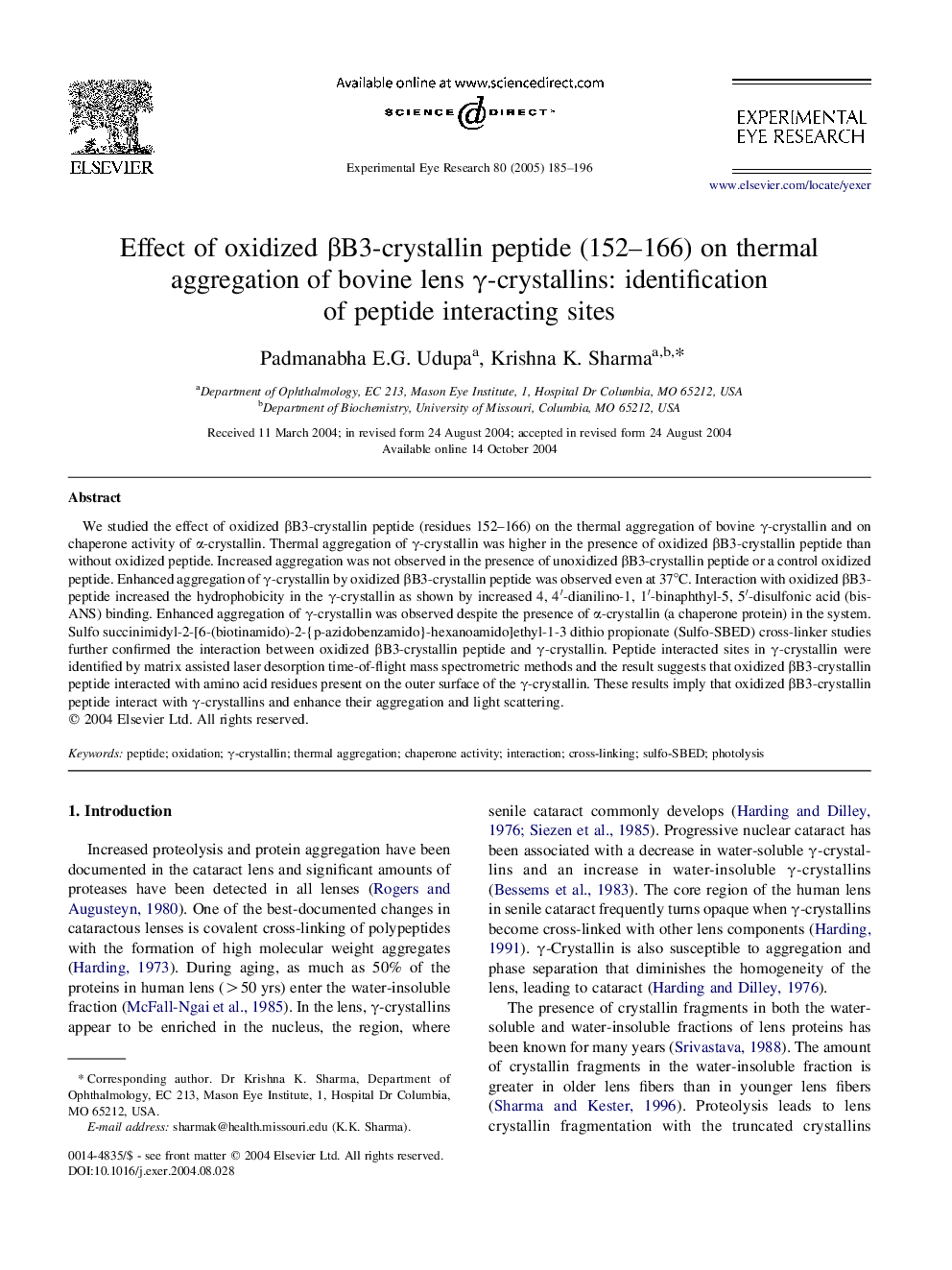 Effect of oxidized Î²B3-crystallin peptide (152-166) on thermal aggregation of bovine lens Î³-crystallins: identification of peptide interacting sites