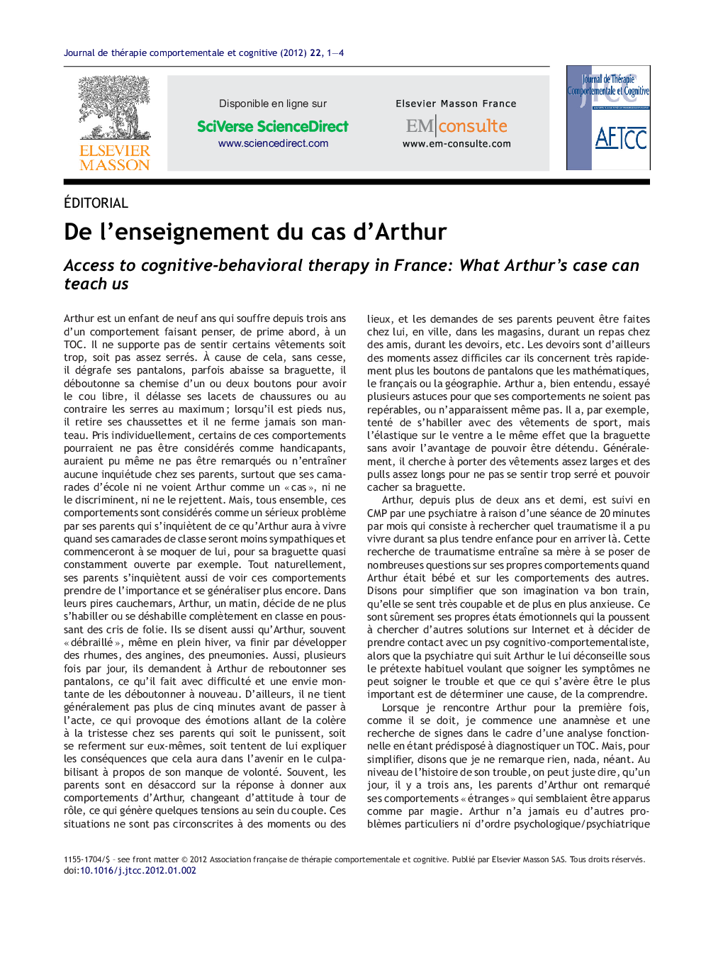 عکس صفحه اول مقاله: De l'enseignement du cas d'Arthur De l'enseignement du cas d'Arthur