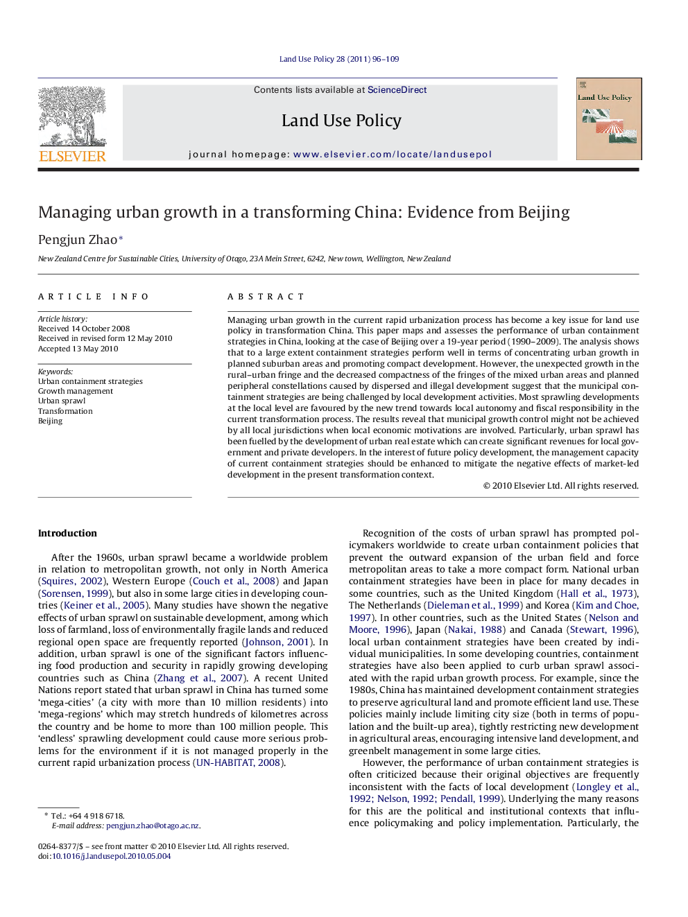 Managing urban growth in a transforming China: Evidence from Beijing