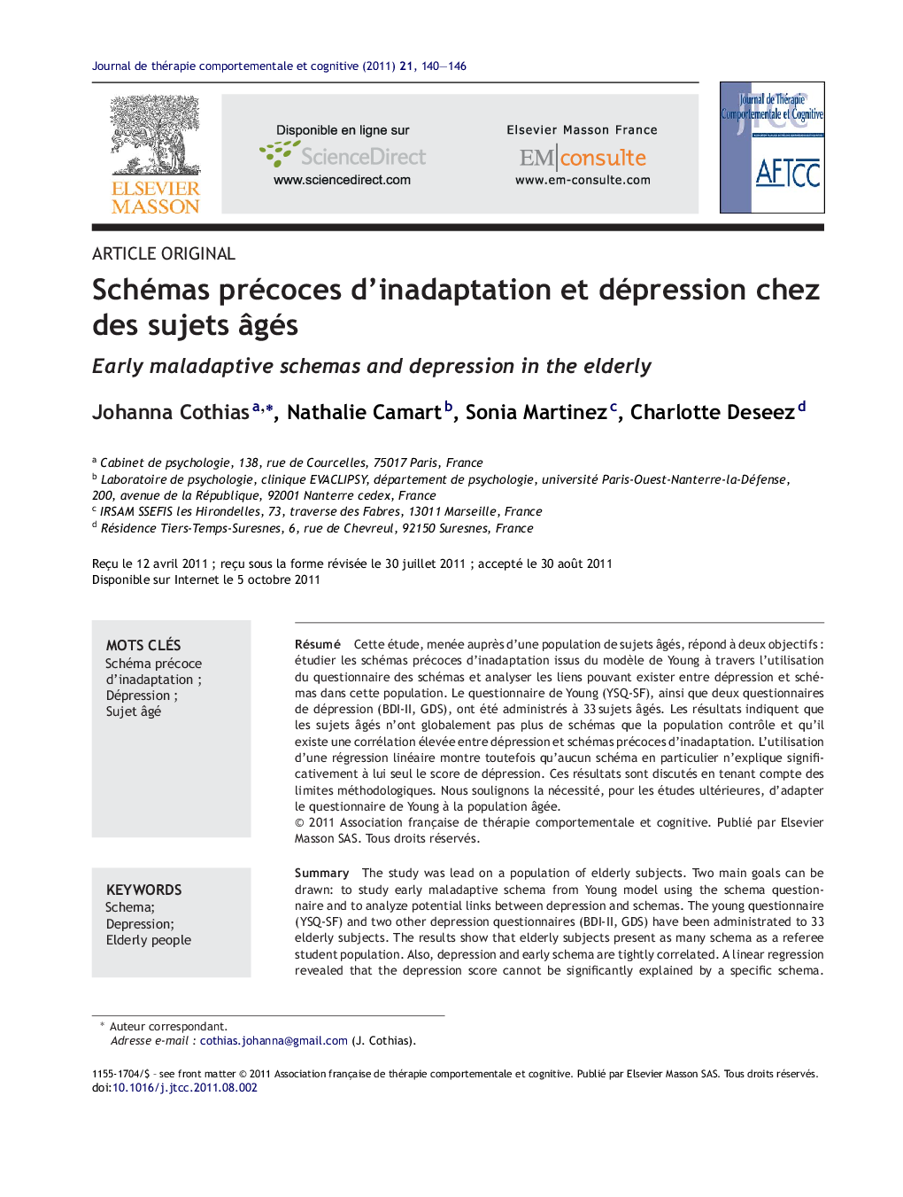 Schémas précoces d'inadaptation et dépression chez des sujets Ã¢gés