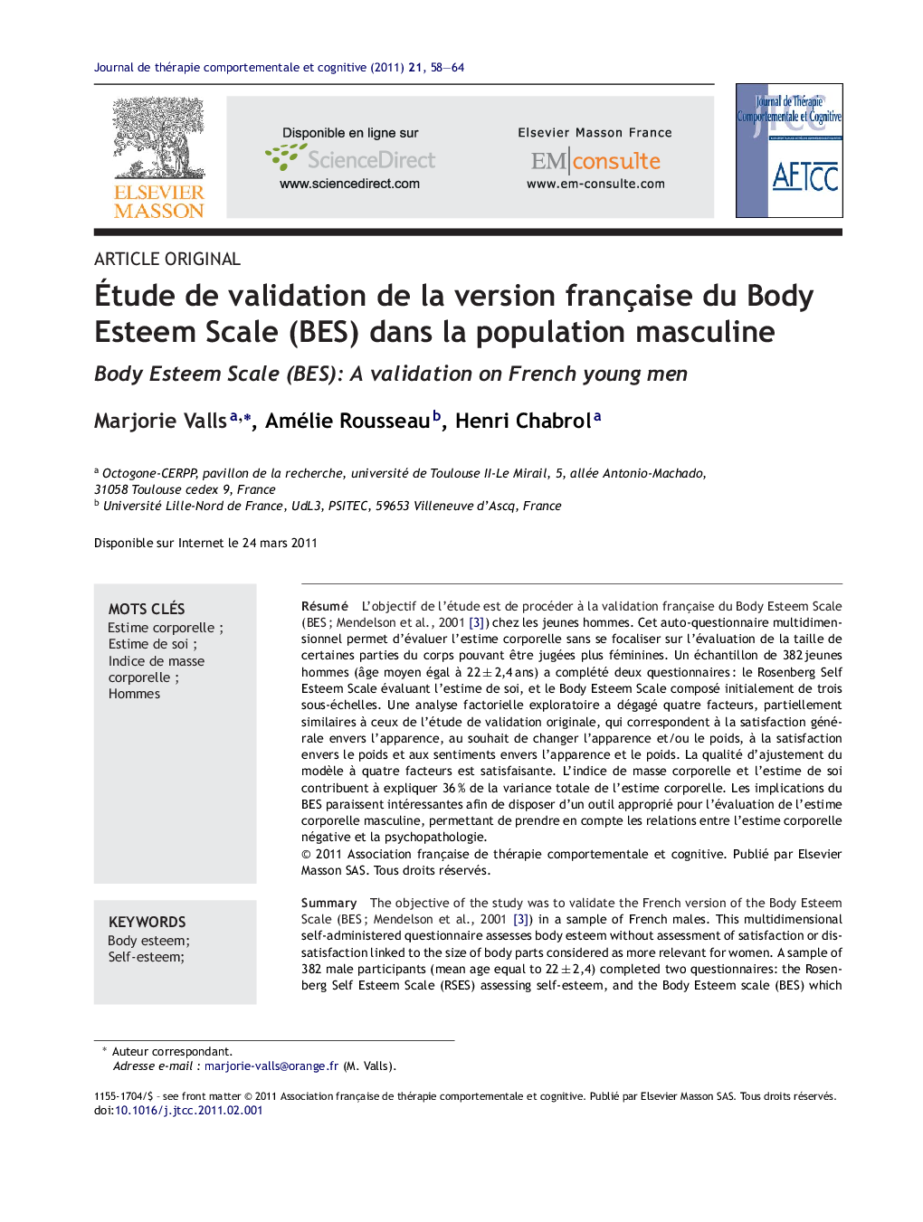 Ãtude de validation de la version française du Body Esteem Scale (BES) dans la population masculine