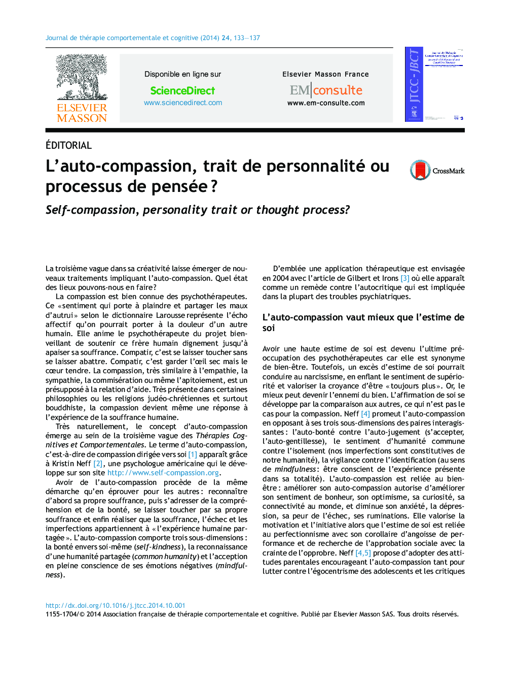 عکس صفحه اول مقاله: L'auto-compassion, trait de personnalité ou processus de pensée ? L'auto-compassion, trait de personnalité ou processus de pensée ?