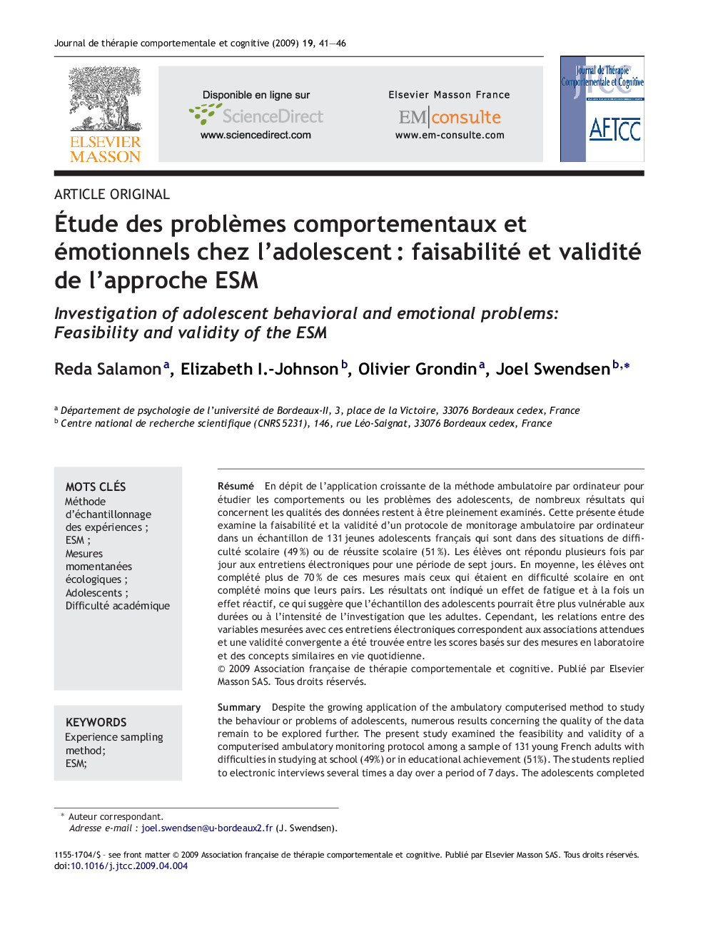 Ãtude des problÃ¨mes comportementaux et émotionnels chez l'adolescentÂ : faisabilité et validité de l'approche ESM