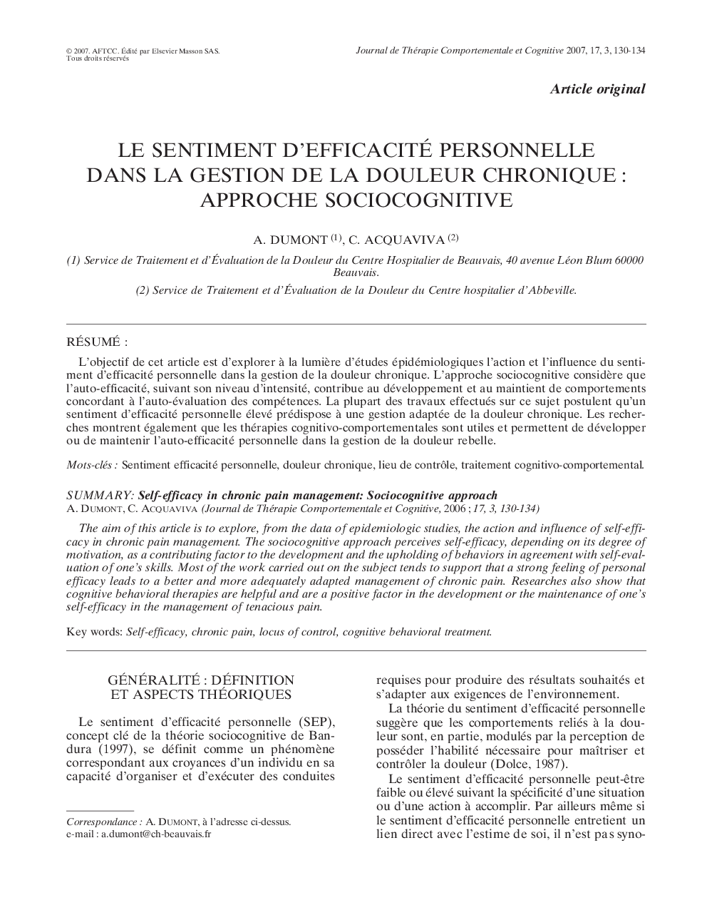 Le sentiment d'efficacité personnelle dans la gestion de la douleur chronique : approche sociocognitive