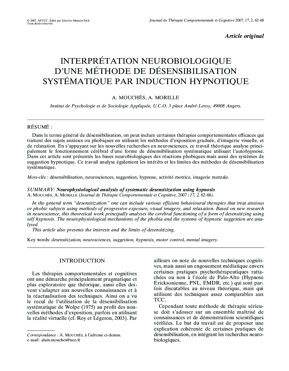 Interprétation neurobiologique d'une méthode de désensibilisation systématique par induction hypnotique