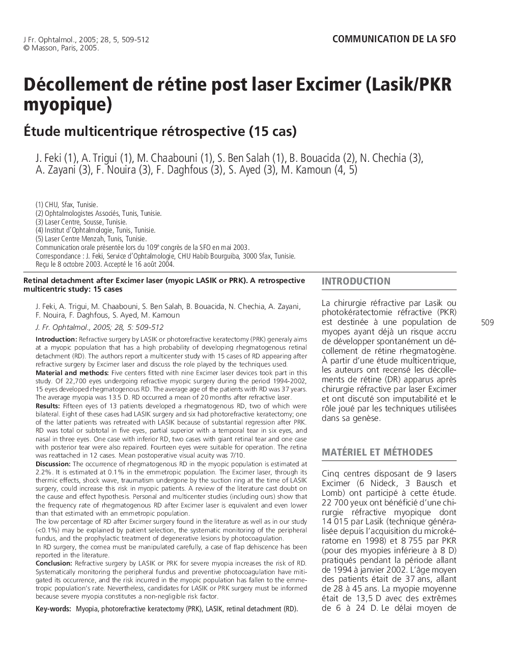 Décollement de rétine post laser Excimer (Lasik/PKR myopique)